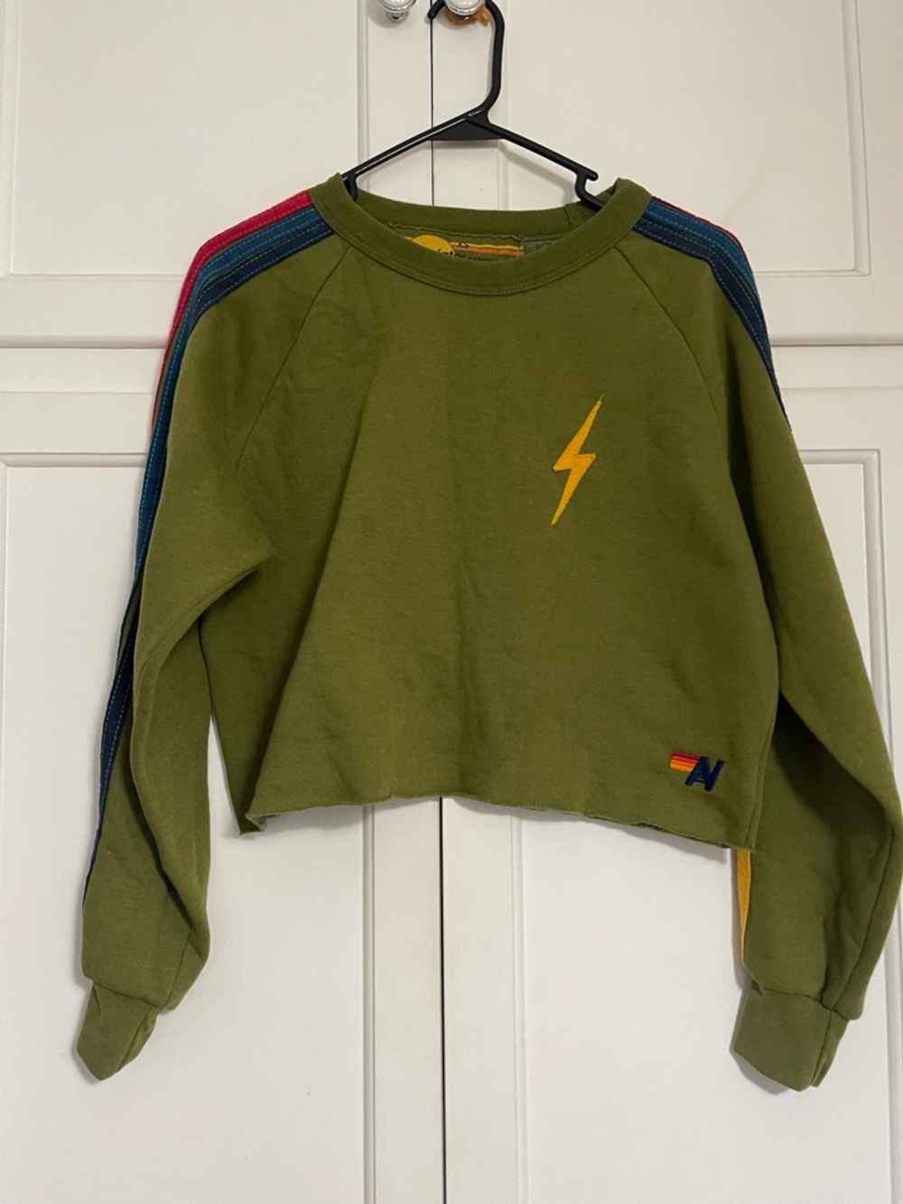 Aviator Nation Olive Lightning Bolt Cropped Sweatshirt - Women's Sweater